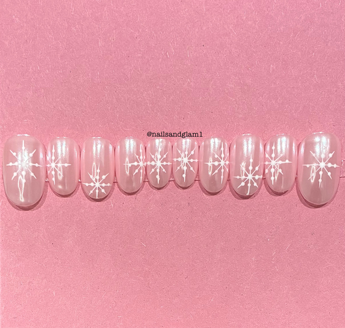 Pink Glazed Nails with White Snowflakes | Christmas Nails | Press on Nails UK | Stick on Nails | Reusable | Customised | Handmade | Set of 10