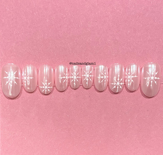 Pink Glazed Nails with White Snowflakes | Christmas Nails | Press on Nails UK | Stick on Nails | Reusable | Customised | Handmade | Set of 10