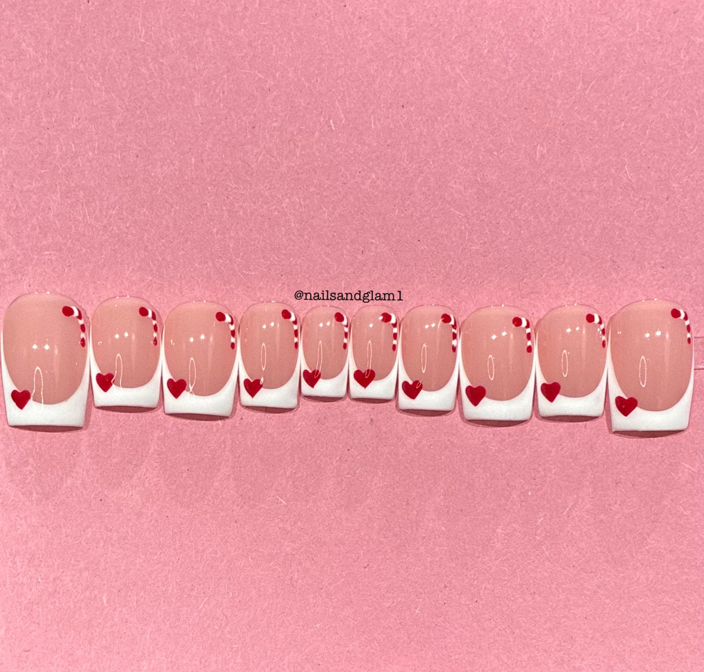 White French Tips with Candycanes & Hearts | Christmas Nails | Press on Nails UK | Stick on Nails | Reusable | Customised | Handmade | Set of 10