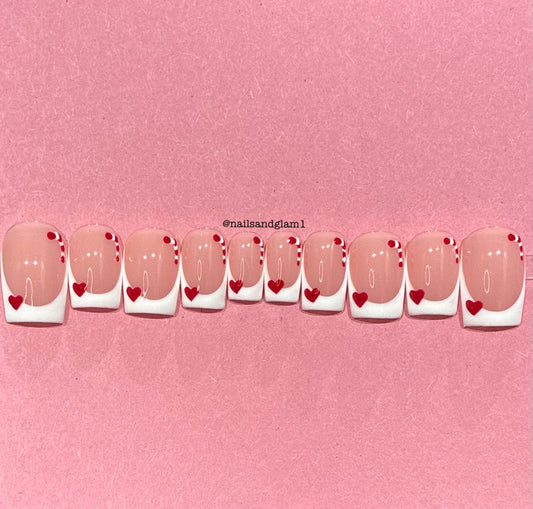 White French Tips with Candycanes & Hearts | Christmas Nails | Press on Nails UK | Stick on Nails | Reusable | Customised | Handmade | Set of 10