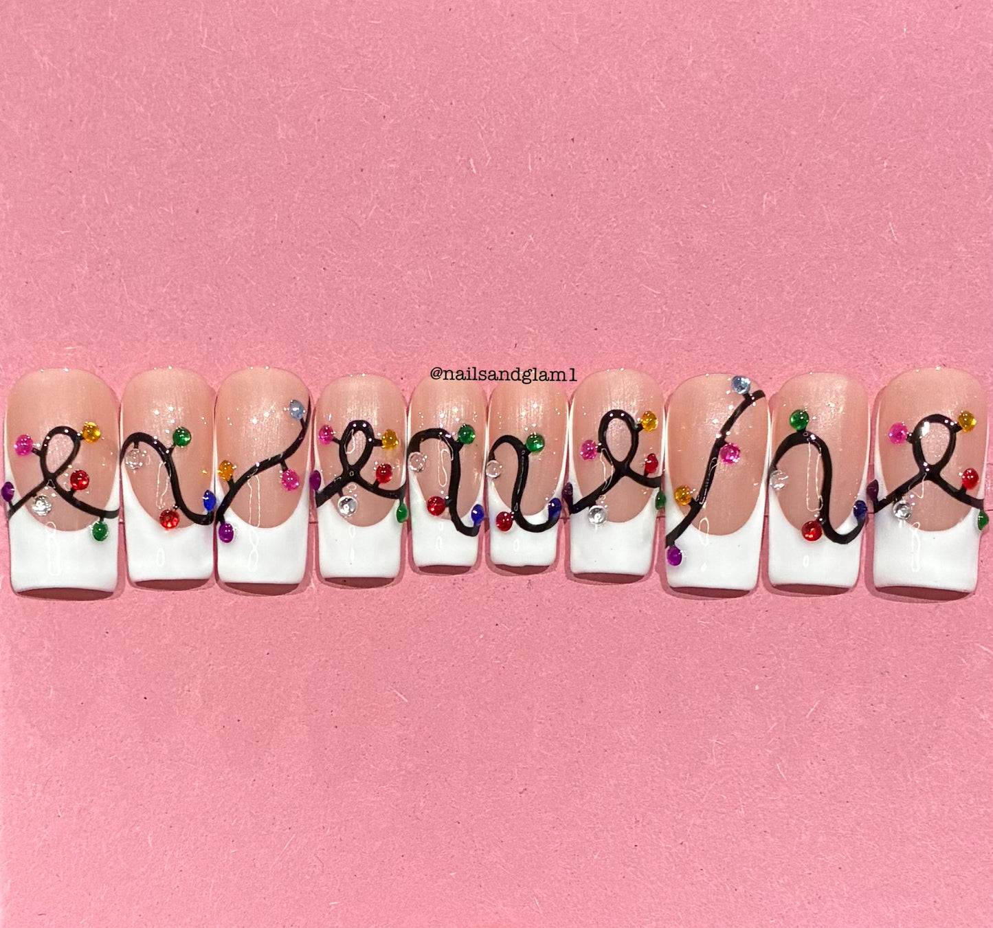 White French Tips with Rainbow String Lights | Christmas Nails | Press on Nails UK | Stick on Nails | Reusable | Customised | Handmade | Set of 10
