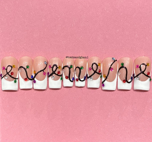 White French Tips with Rainbow String Lights | Christmas Nails | Press on Nails UK | Stick on Nails | Reusable | Customised | Handmade | Set of 10