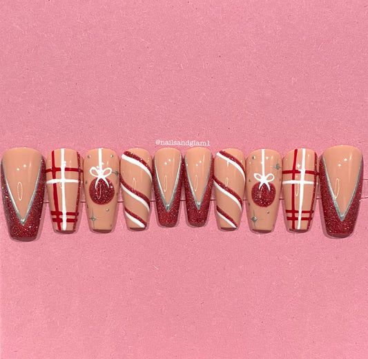 Red V-Tips with Tartan, Baubles & Swirls | Christmas Nails | Press on Nails UK | Stick on Nails | Reusable | Customised | Handmade | Set of 10
