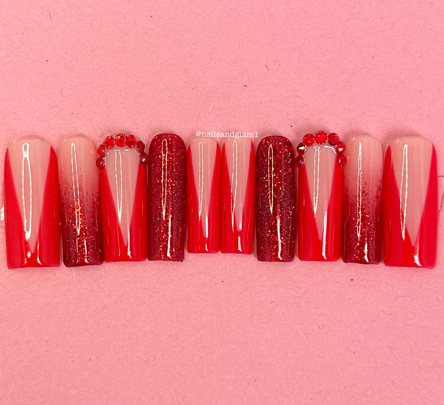 Red Glitter Nails with Ombre & V-Tips | Press on Nails UK | Stick on Nails | Reusable | Customised | Handmade | Set of 10