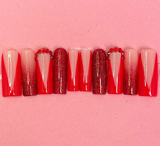 Red Glitter Nails with Ombre & V-Tips | Press on Nails UK | Stick on Nails | Reusable | Customised | Handmade | Set of 10