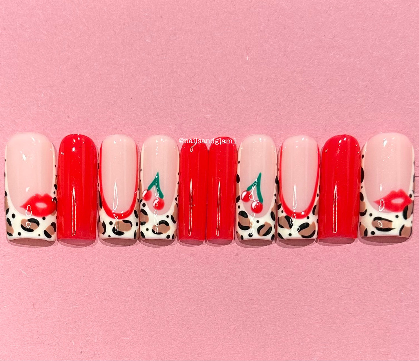 Red Leopard Print Tips with Cherries & Lips | Press on Nails UK | Stick on Nails | Reusable | Customised | Handmade | Set of 10