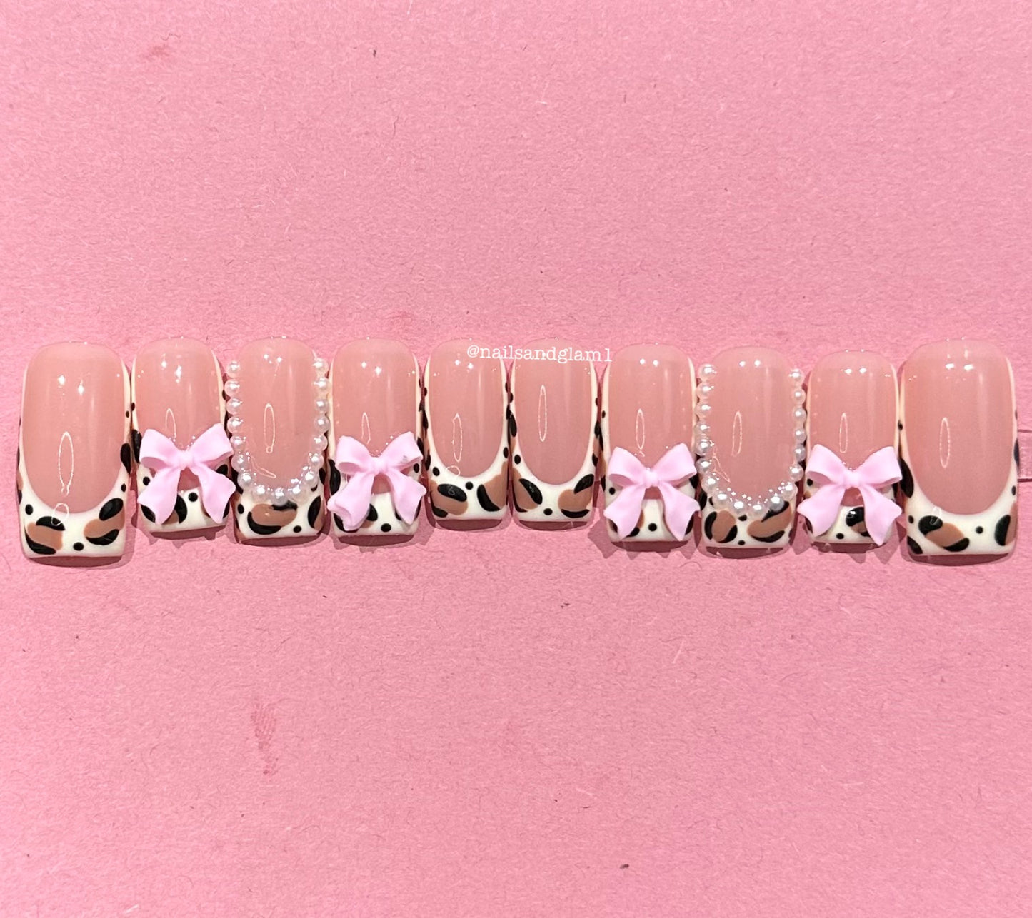 Leopard Print French Tips with Pearls & Pink Bows | Press on Nails UK | Stick on Nails | Reusable | Customised | Handmade | Set of 10