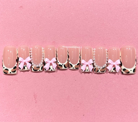 Leopard Print French Tips with Pearls & Pink Bows | Press on Nails UK | Stick on Nails | Reusable | Customised | Handmade | Set of 10