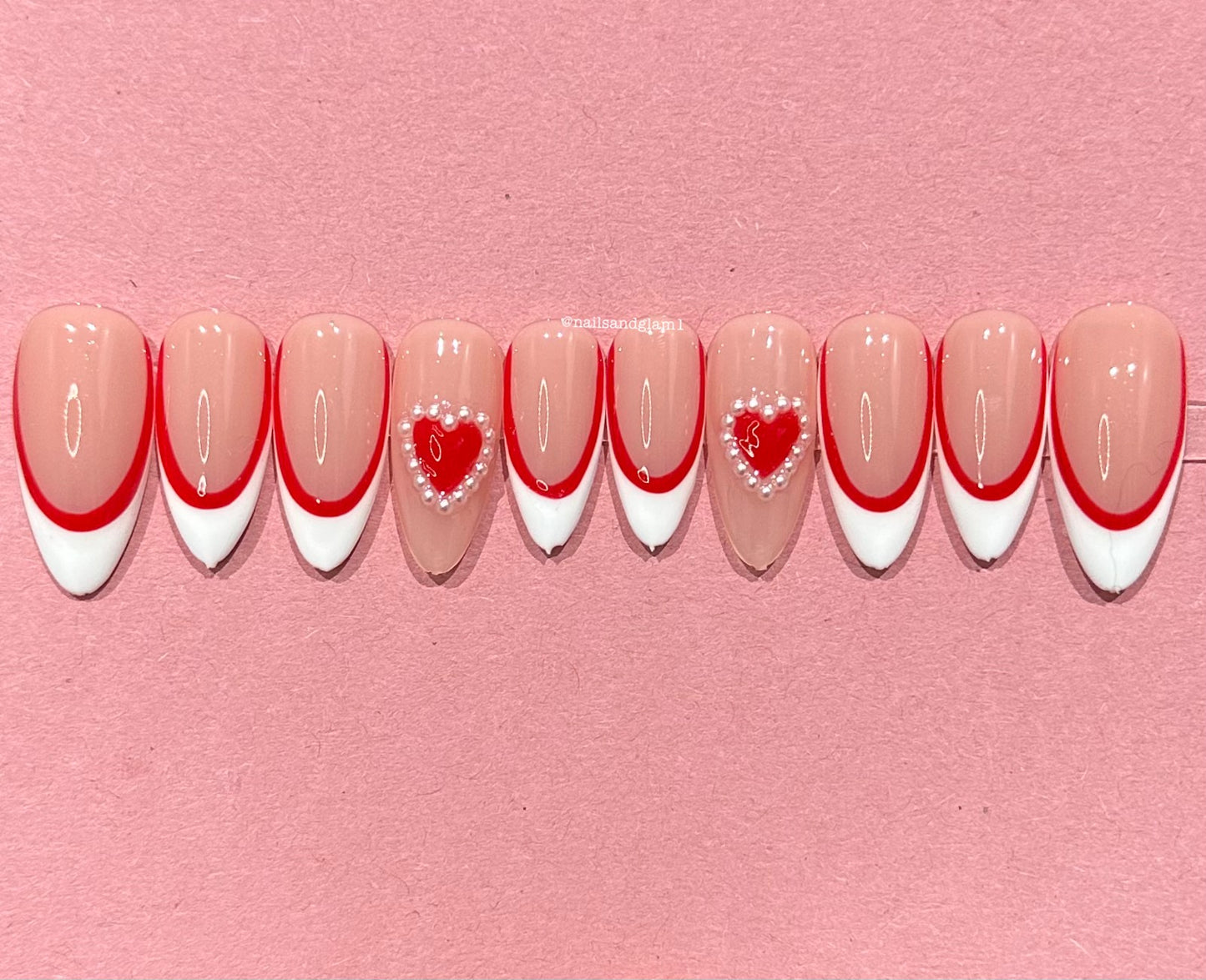 White & Red French Tips with Hearts & Pearls | Press on Nails UK | Stick on Nails | Reusable | Customised | Handmade | Set of 10