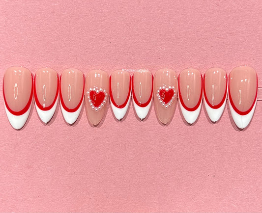 White & Red French Tips with Hearts & Pearls | Press on Nails UK | Stick on Nails | Reusable | Customised | Handmade | Set of 10