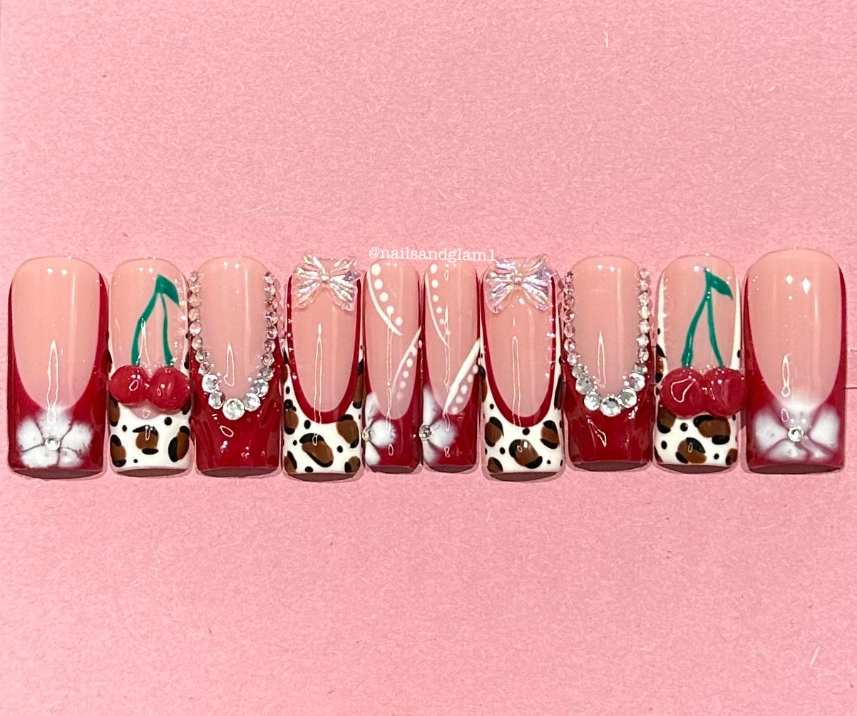 Red Leopard Print Tips with Cherries, Bows & Flowers | Press on Nails UK | Stick on Nails | Reusable | Customised | Handmade | Set of 10