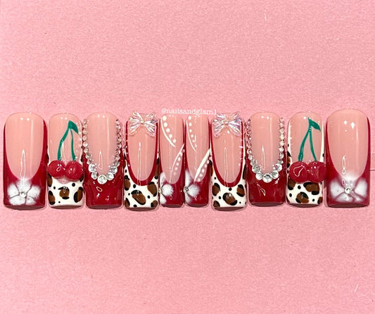 Red Leopard Print Tips with Cherries, Bows & Flowers | Press on Nails UK | Stick on Nails | Reusable | Customised | Handmade | Set of 10