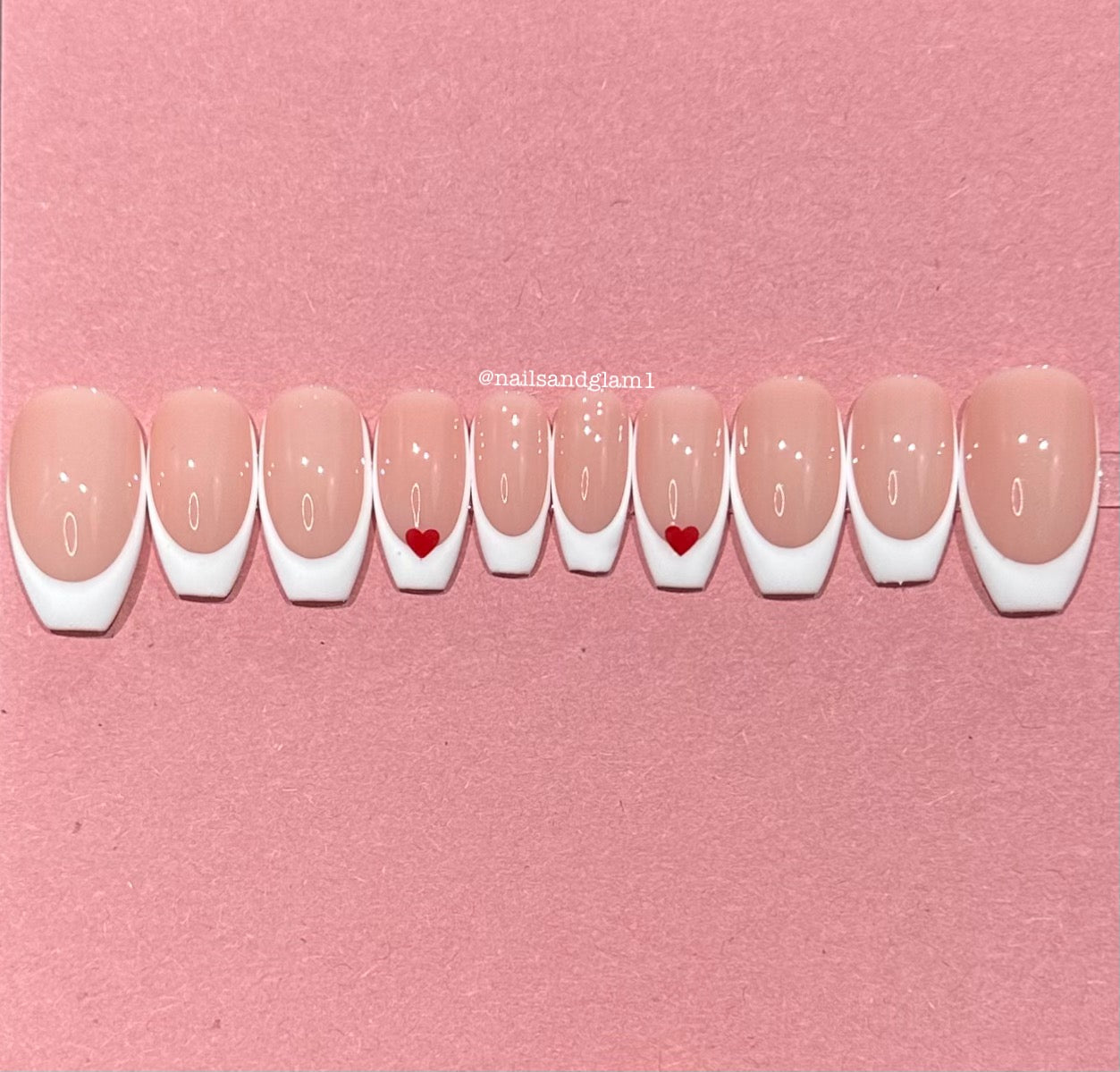 White French Tips with Red Hearts | Press on Nails UK | Stick on Nails | Reusable | Customised | Handmade | Set of 10