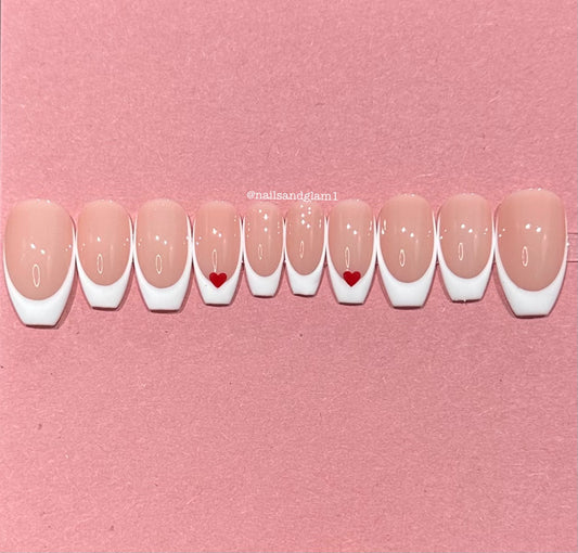 White French Tips with Red Hearts | Press on Nails UK | Stick on Nails | Reusable | Customised | Handmade | Set of 10