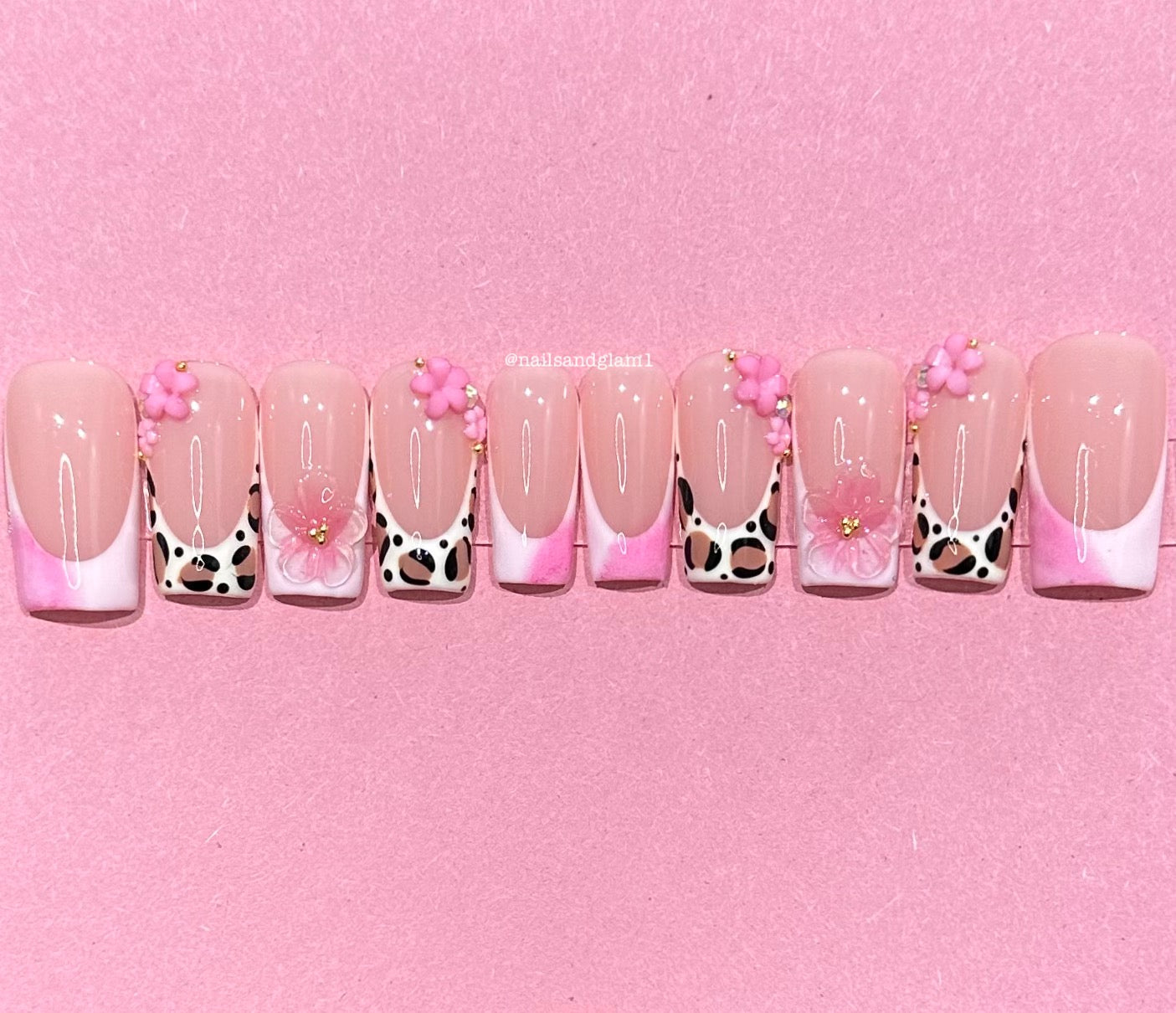 Pink Aura French Tips with Leopard Print & Flowers | Press on Nails UK | Stick on Nails | Reusable | Customised | Handmade | Set of 10