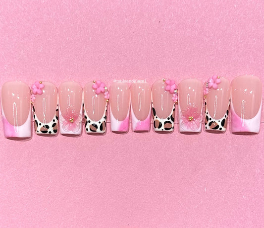 Pink Aura French Tips with Leopard Print & Flowers | Press on Nails UK | Stick on Nails | Reusable | Customised | Handmade | Set of 10