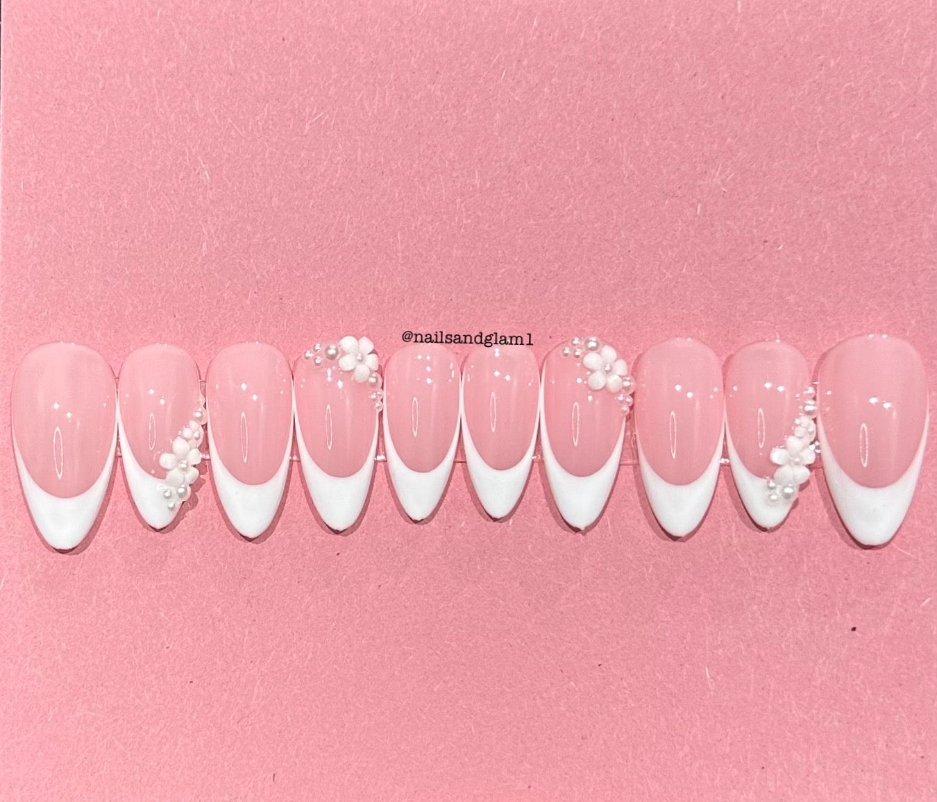 White French Tips with Flowers & Pearls | Press on Nails UK | Stick on Nails | Reusable | Customised | Handmade | Set of 10