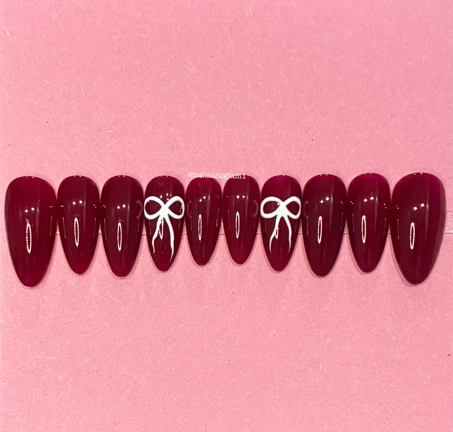 Maroon Nails with White Bows | Press on Nails UK | Stick on Nails | Reusable | Customised | Handmade | Set of 10