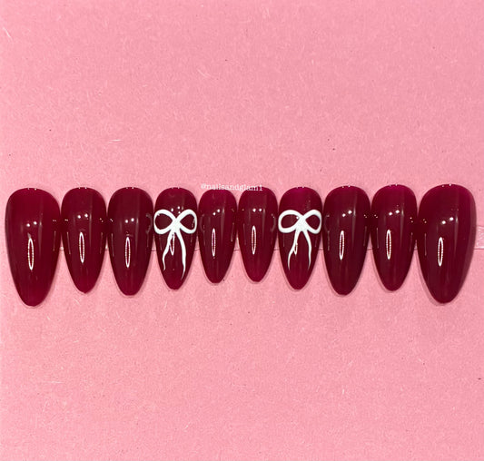 Maroon Nails with White Bows | Press on Nails UK | Stick on Nails | Reusable | Customised | Handmade | Set of 10