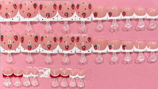 White & Red Strawberry French Tips | Press on Toe Nails UK | Stick on Nails | Reusable | Customised | Handmade | Set of 28