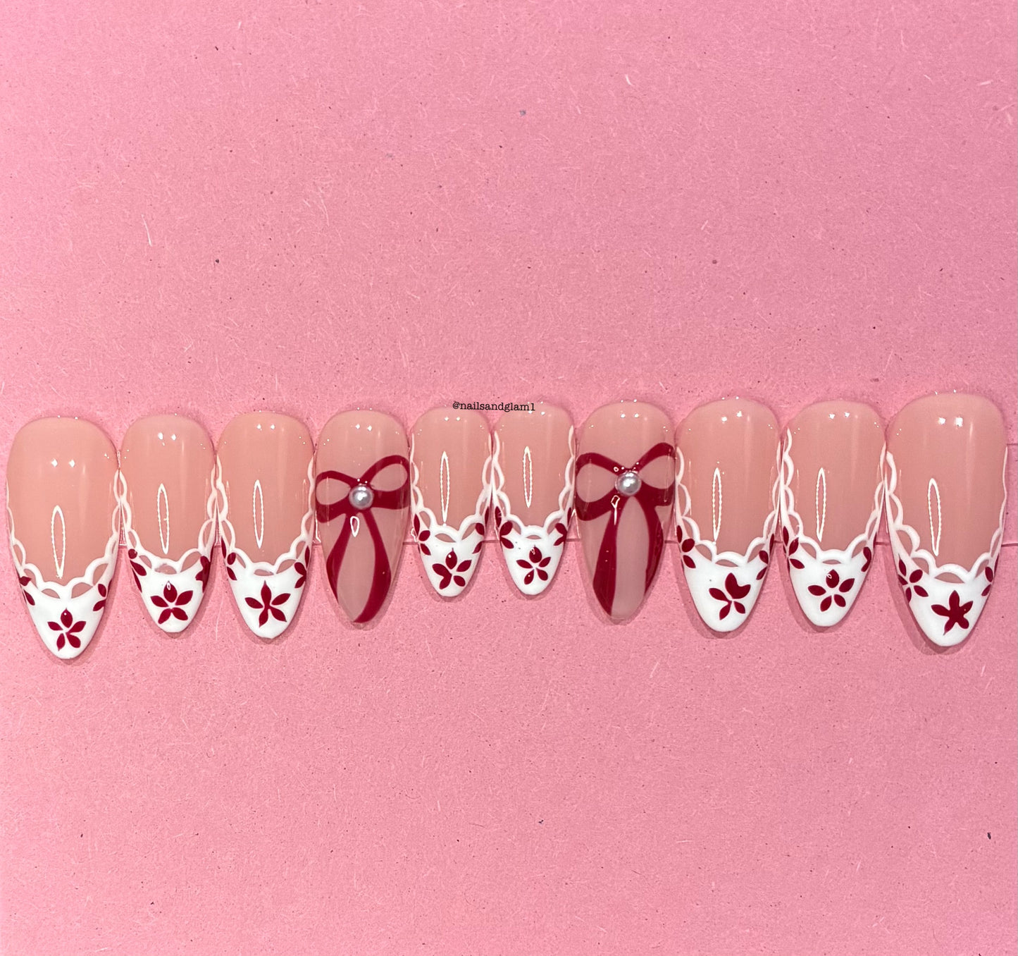White Frilly French Tips with Maroon Flowers & Bows | Press on Nails UK | Stick on Nails | Reusable | Customised | Handmade | Set of 10