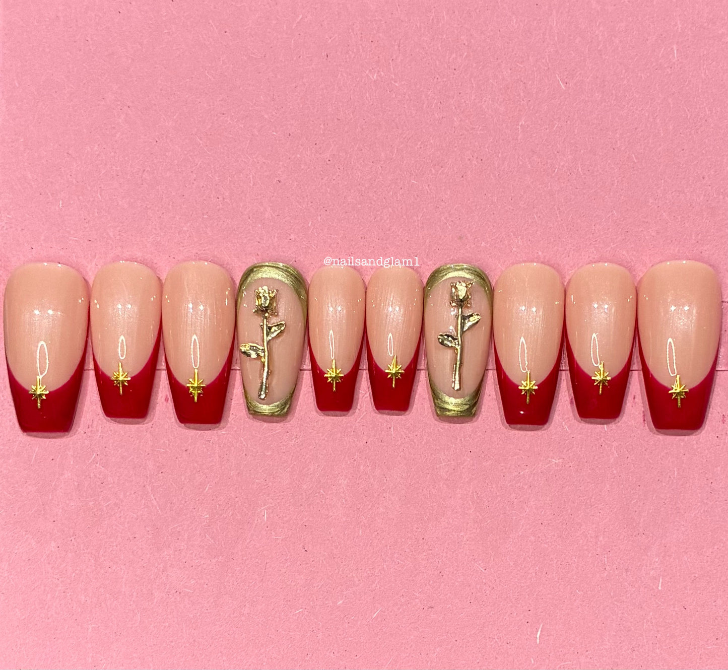 Red French Tips with Gold Stars & Roses | Press on Nails UK | Stick on Nails | Reusable | Customised | Handmade | Set of 10