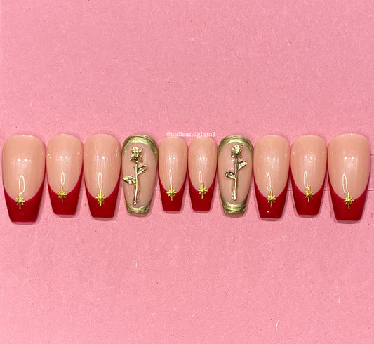 Red French Tips with Gold Stars & Roses | Press on Nails UK | Stick on Nails | Reusable | Customised | Handmade | Set of 10