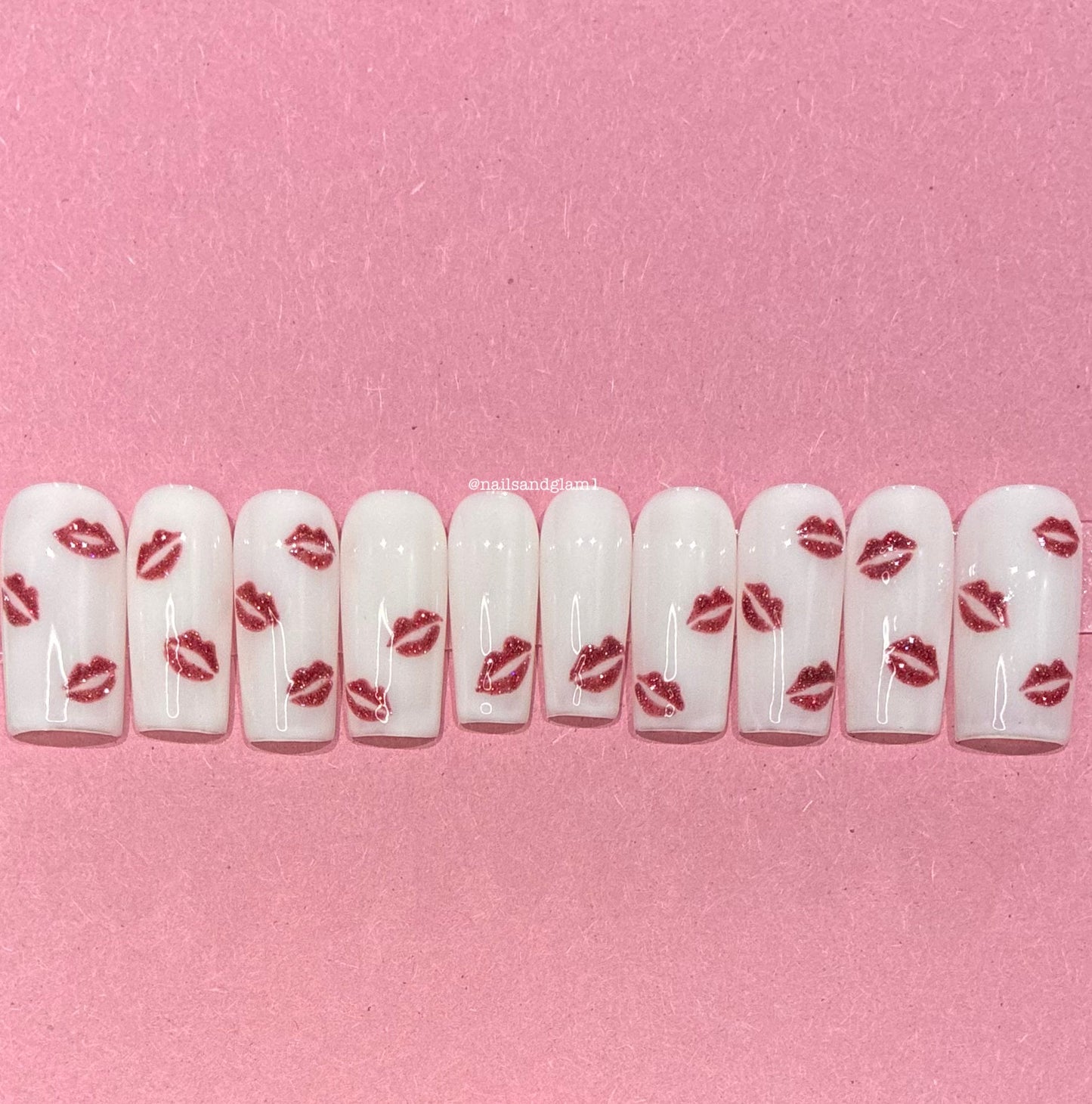Milky White Nails with Red Reflective Glitter Lips | Press on Nails UK | Stick on Nails | Reusable | Customised | Handmade | Set of 10