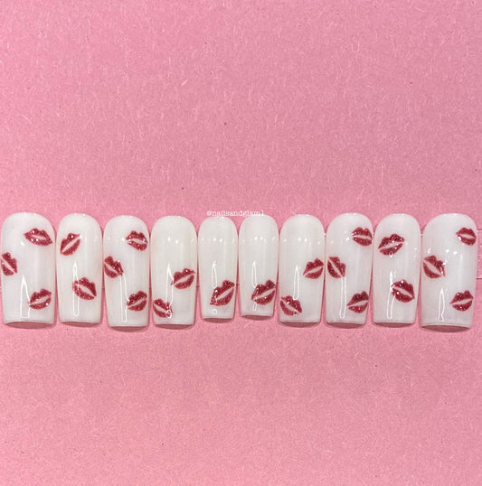 Milky White Nails with Red Reflective Glitter Lips | Press on Nails UK | Stick on Nails | Reusable | Customised | Handmade | Set of 10