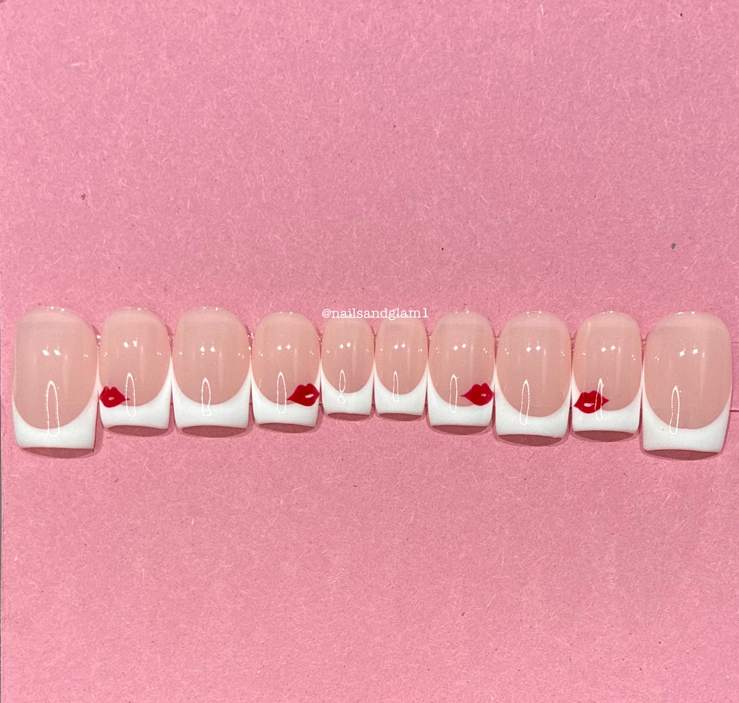 White French Tips with Red Lips | Press on Nails UK | Stick on Nails | Reusable | Customised | Handmade | Set of 10