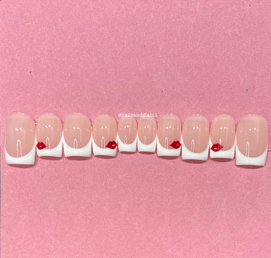 White French Tips with Red Lips | Press on Nails UK | Stick on Nails | Reusable | Customised | Handmade | Set of 10