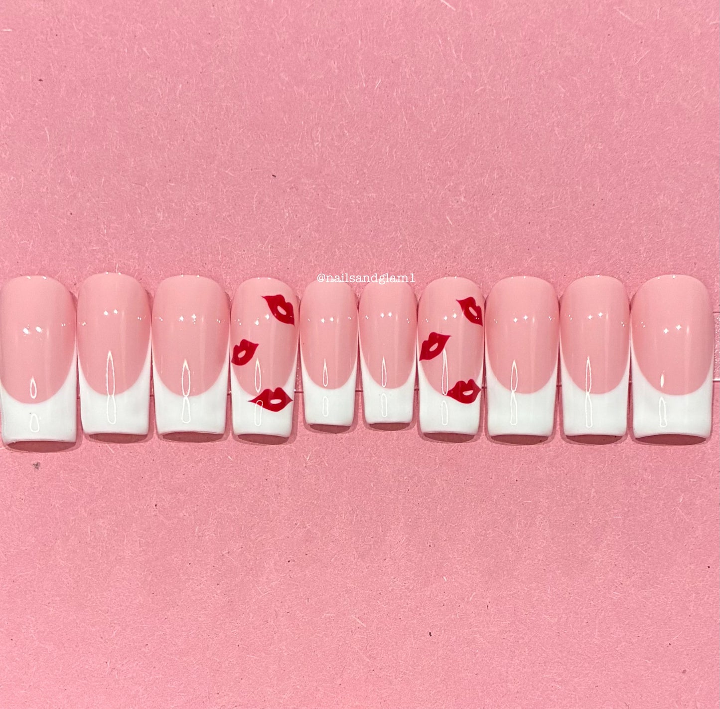 White French Tips with Red Lips | Press on Nails UK | Stick on Nails | Reusable | Customised | Handmade | Set of 10