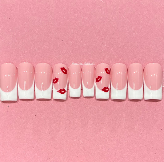 White French Tips with Red Lips | Press on Nails UK | Stick on Nails | Reusable | Customised | Handmade | Set of 10