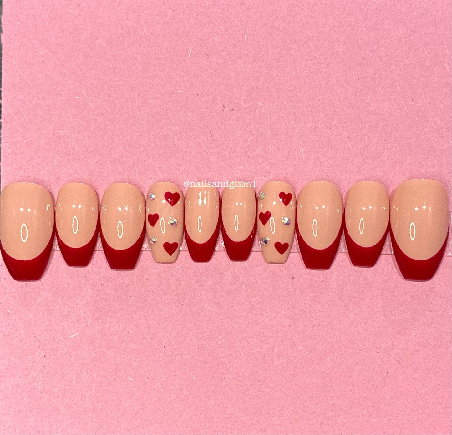 Red French Tips with Hearts & Rhinestones | Press on Nails UK | Stick on Nails | Reusable | Customised | Handmade | Set of 10