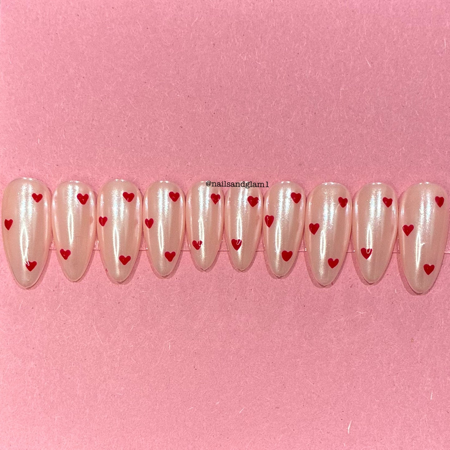 Nude Glazed Doughnut Nails with Red Hearts | Press on Nails UK | Stick on Nails | Reusable | Customised | Handmade | Set of 10