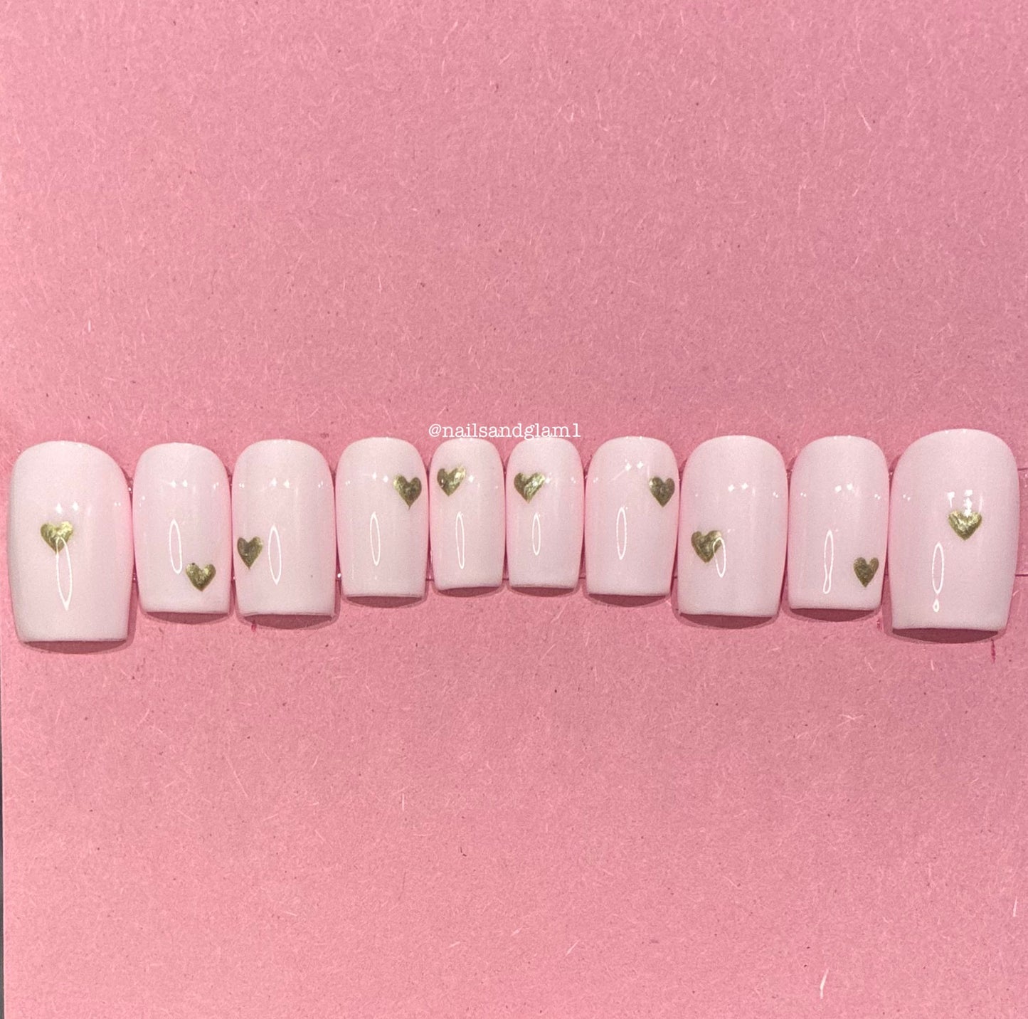 Pink Nails with Gold Hearts | Press on Nails UK | Stick on Nails | Reusable | Customised | Handmade | Set of 10