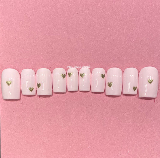 Pink Nails with Gold Hearts | Press on Nails UK | Stick on Nails | Reusable | Customised | Handmade | Set of 10