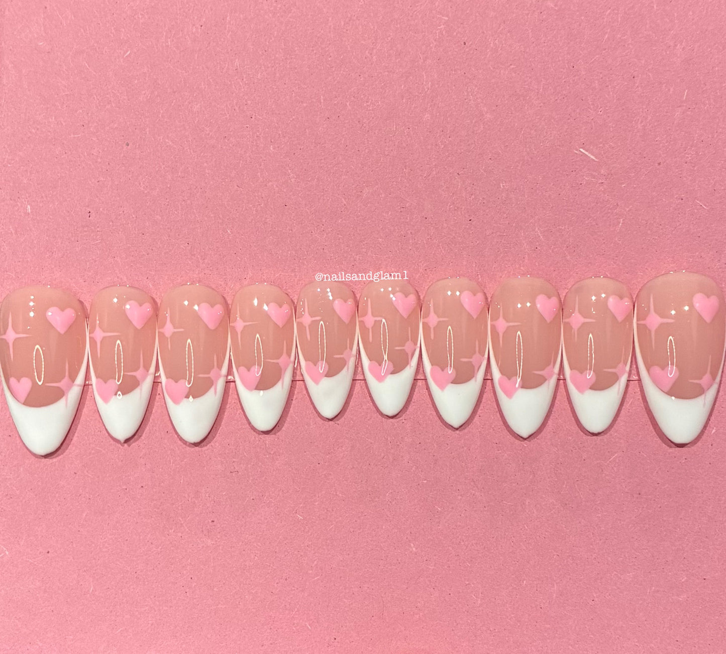 White French Tips with Pink Hearts & Stars | Press on Nails UK | Stick on Nails | Reusable | Customised | Handmade | Set of 10