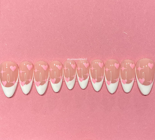 White French Tips with Pink Hearts & Stars | Press on Nails UK | Stick on Nails | Reusable | Customised | Handmade | Set of 10