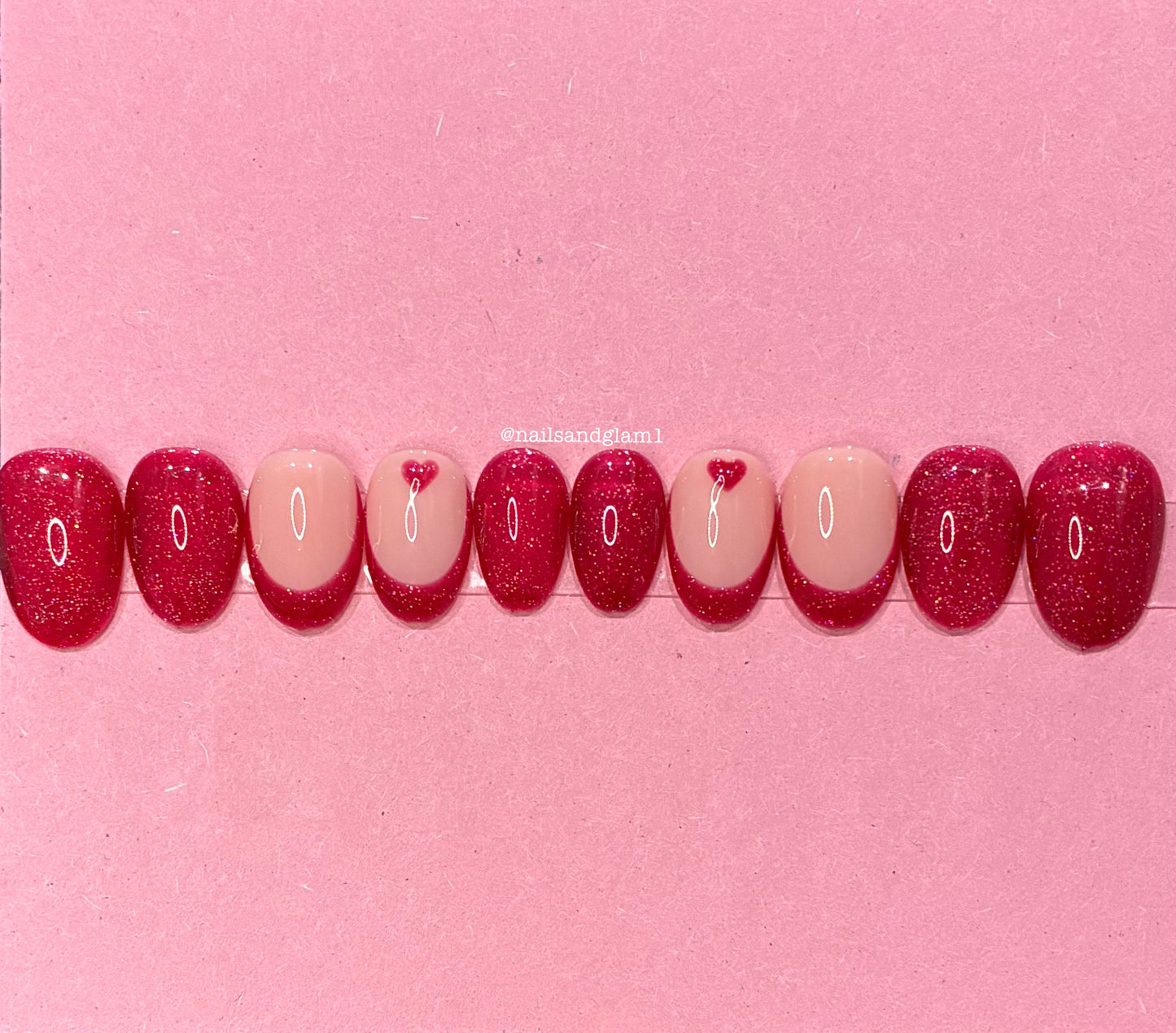 Red Glitter Nails with French Tips & Hearts | Press on Nails UK | Stick on Nails | Reusable | Customised | Handmade | Set of 10