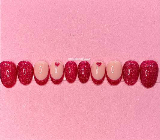 Red Glitter Nails with French Tips & Hearts | Press on Nails UK | Stick on Nails | Reusable | Customised | Handmade | Set of 10