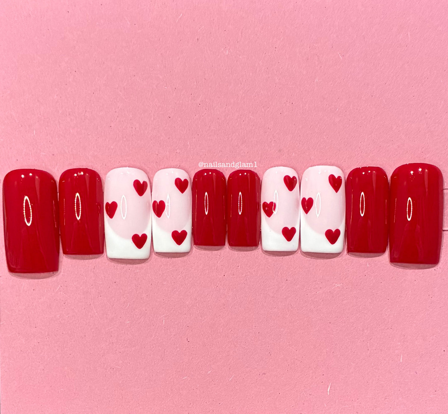 Red Nails with Hearts & White French Tips | Press on Nails UK | Stick on Nails | Reusable | Customised | Handmade | Set of 10