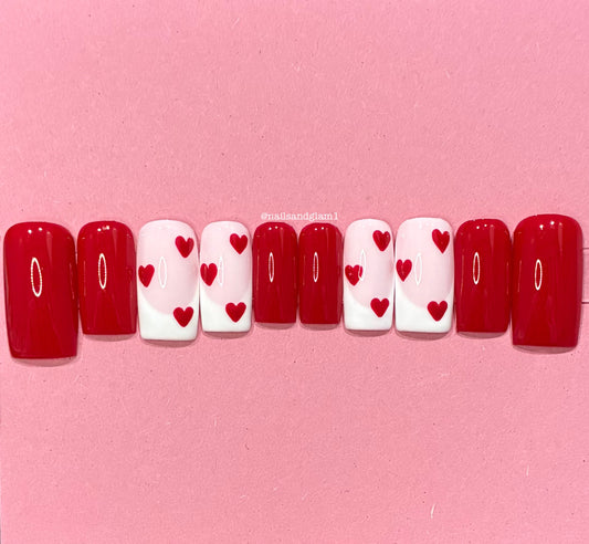 Red Nails with Hearts & White French Tips | Press on Nails UK | Stick on Nails | Reusable | Customised | Handmade | Set of 10
