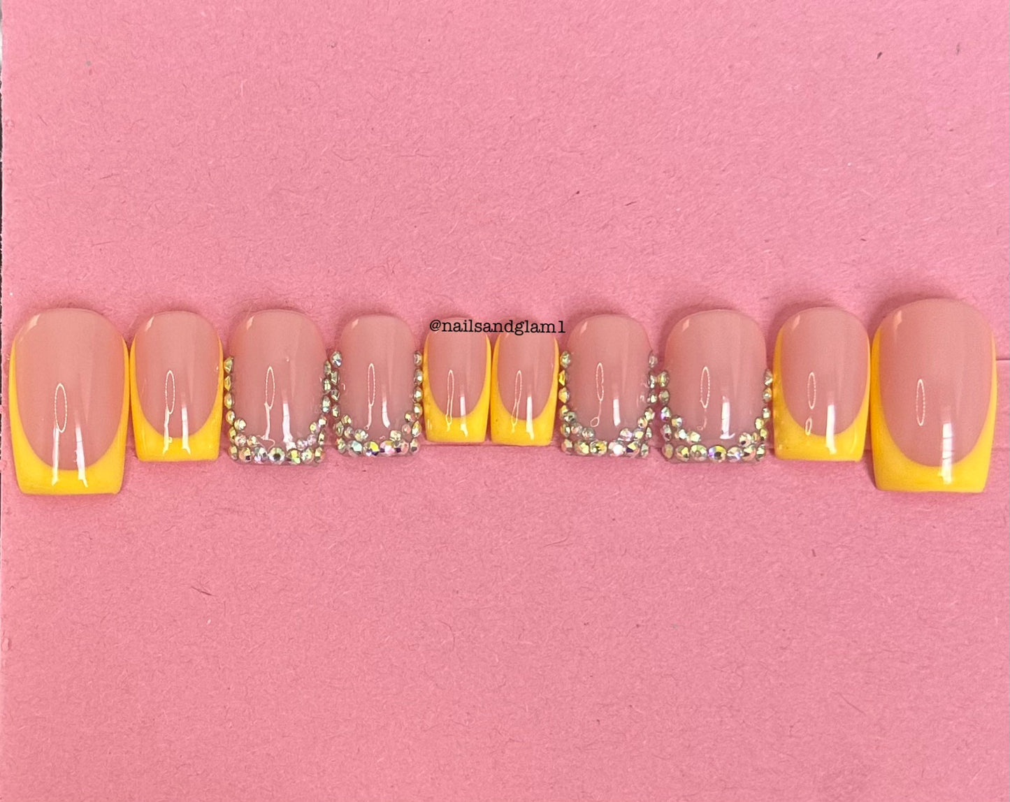 Yellow French Tips with Rhinestone Tips | Press on Nails UK | Stick on Nails | Reusable | Customised | Handmade | Set of 10