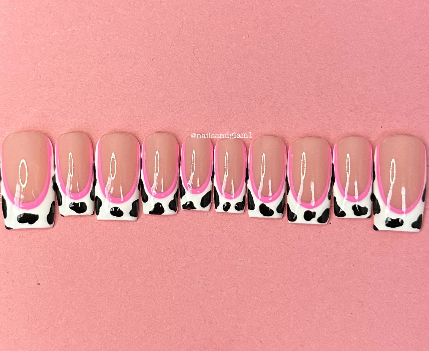 Cow Print French Tips with Pink Outline | Press on Nails UK | Stick on Nails | Reusable | Customised | Handmade | Set of 10