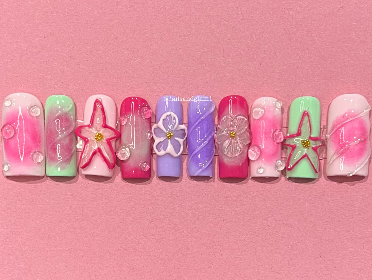 Pastel 3D Flower Aura Nails | Press on Nails UK | Stick on Nails | Reusable | Customised | Handmade | Set of 10