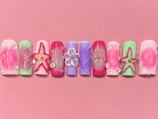 Pastel 3D Flower Aura Nails | Press on Nails UK | Stick on Nails | Reusable | Customised | Handmade | Set of 10