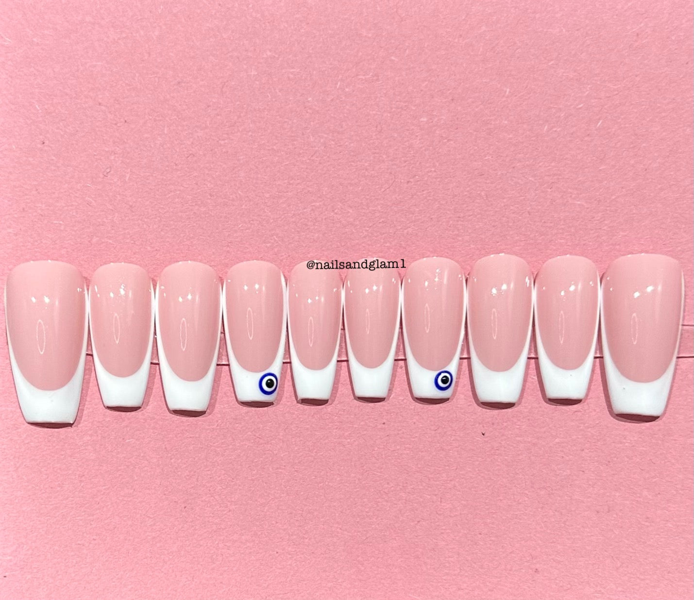White French Tips with Evil Eyes | Press on Nails UK | Stick on Nails | Reusable | Customised | Handmade | Set of 10