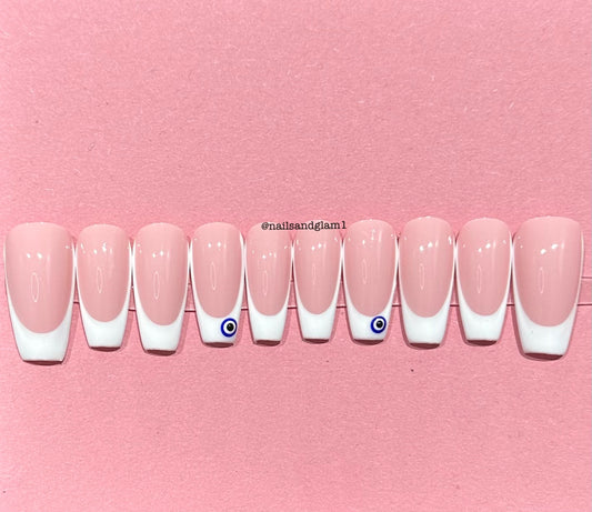 White French Tips with Evil Eyes | Press on Nails UK | Stick on Nails | Reusable | Customised | Handmade | Set of 10