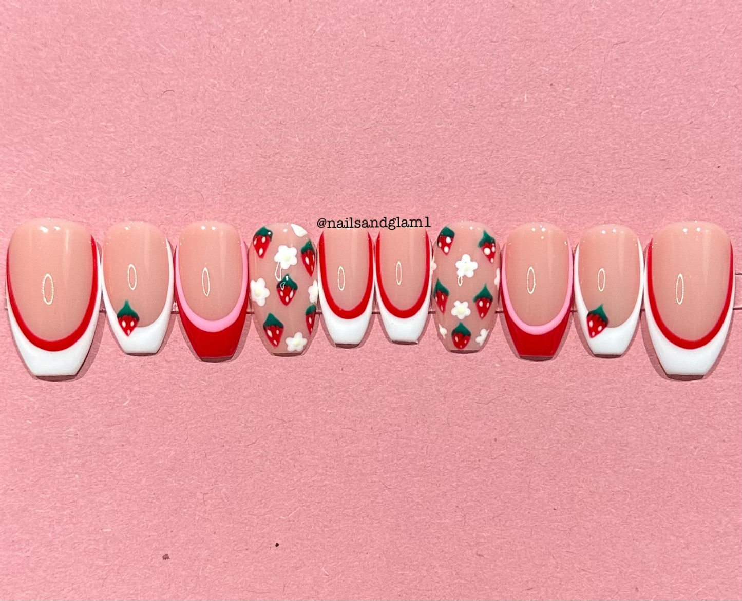 Red & White Strawberry French Tips | Press on Nails UK | Stick on Nails | Reusable | Customised | Handmade | Set of 10